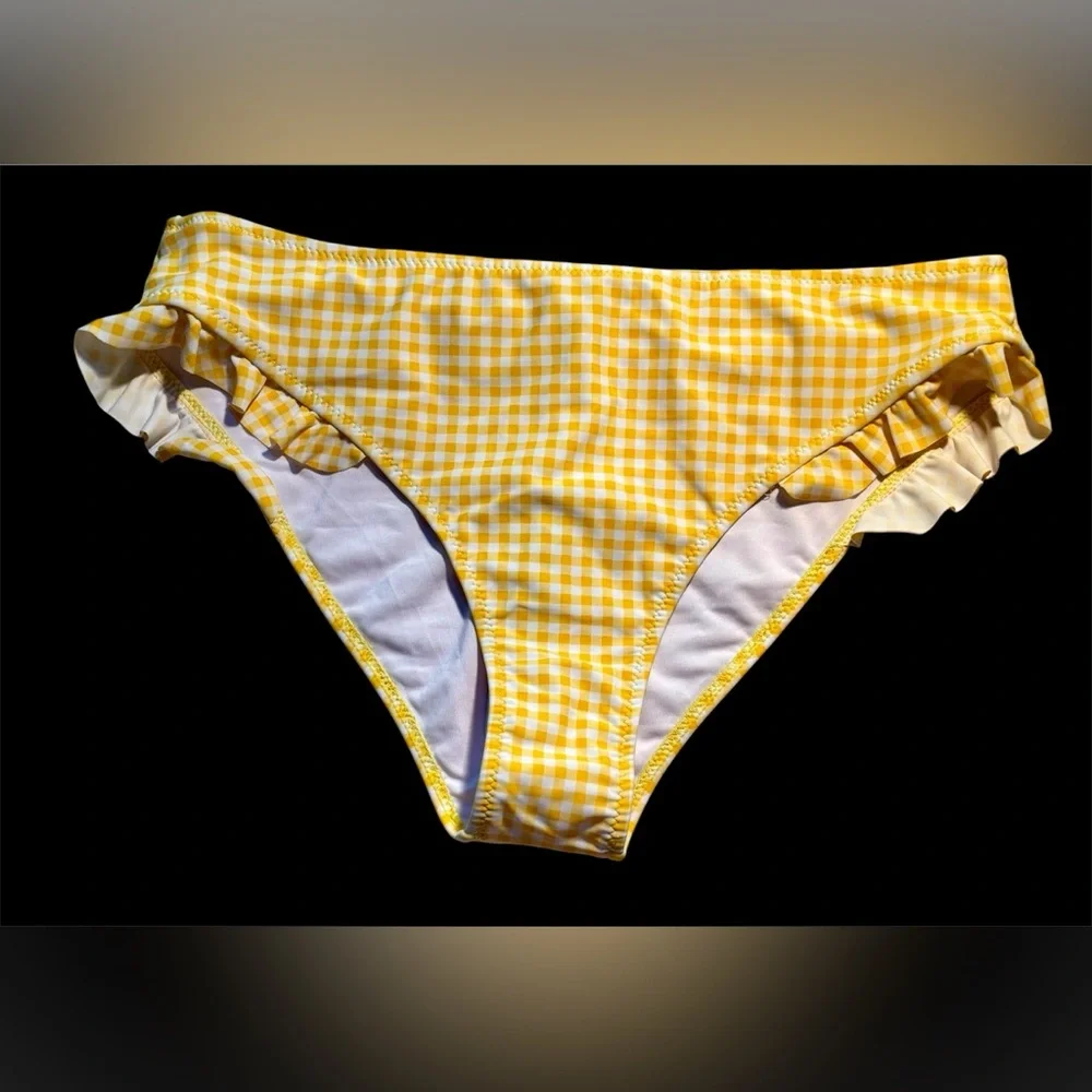 ⛱️Cupshe Yellow White Gingham Plaid Ruffle Bikini Bottom Size 8/10 NWT⛱️